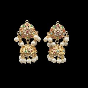 Gold and Seed Pearl Jhumkas Indian Earrings With Faux Gemstones Vintage